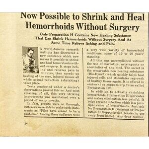 Preparation H "Now possible to heal hemorrhoids without Surgery" Print Ad 1963
